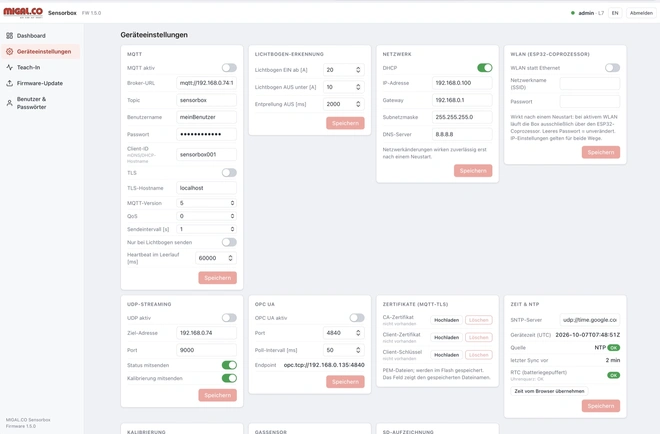 Geräteeinstellungen: MQTT, Netzwerk, OPC UA, Kalibrierung, Gasgemisch, SD-Aufzeichnung